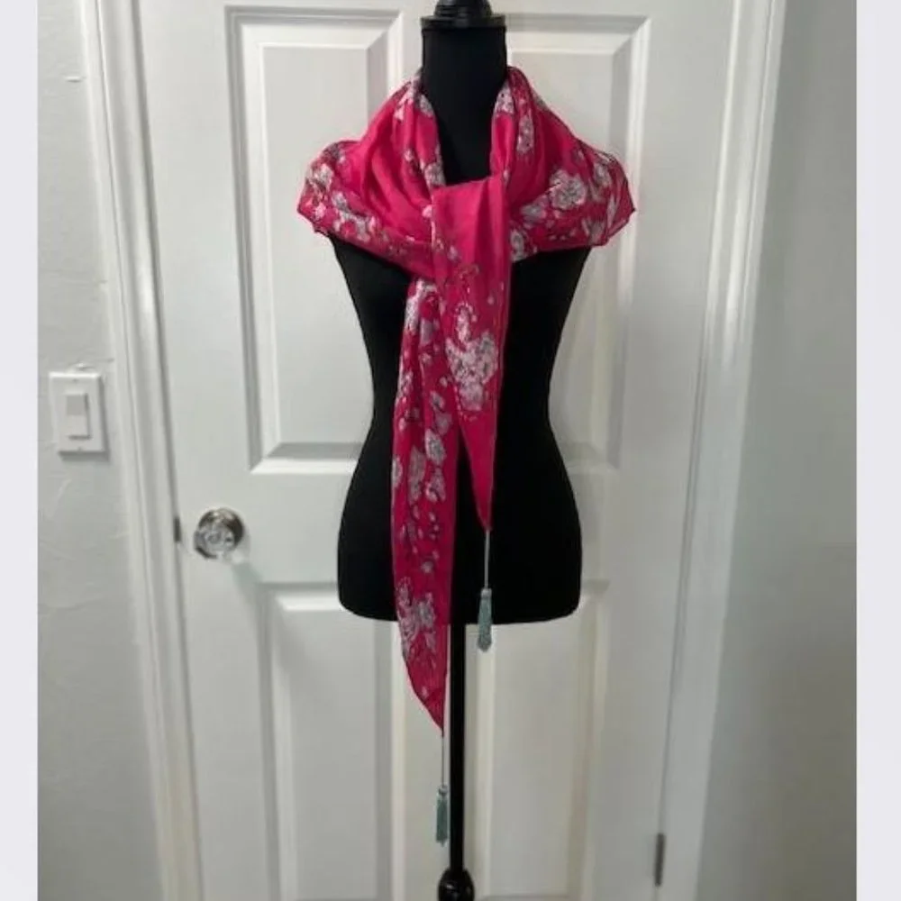Anthropologie Everly Floral Scarf in Pink Motif with tassel ends - NWOT